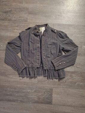 Urban Outfitters Victorian Striped Gray Ruffle Pepulum Hem Cropped Blazer